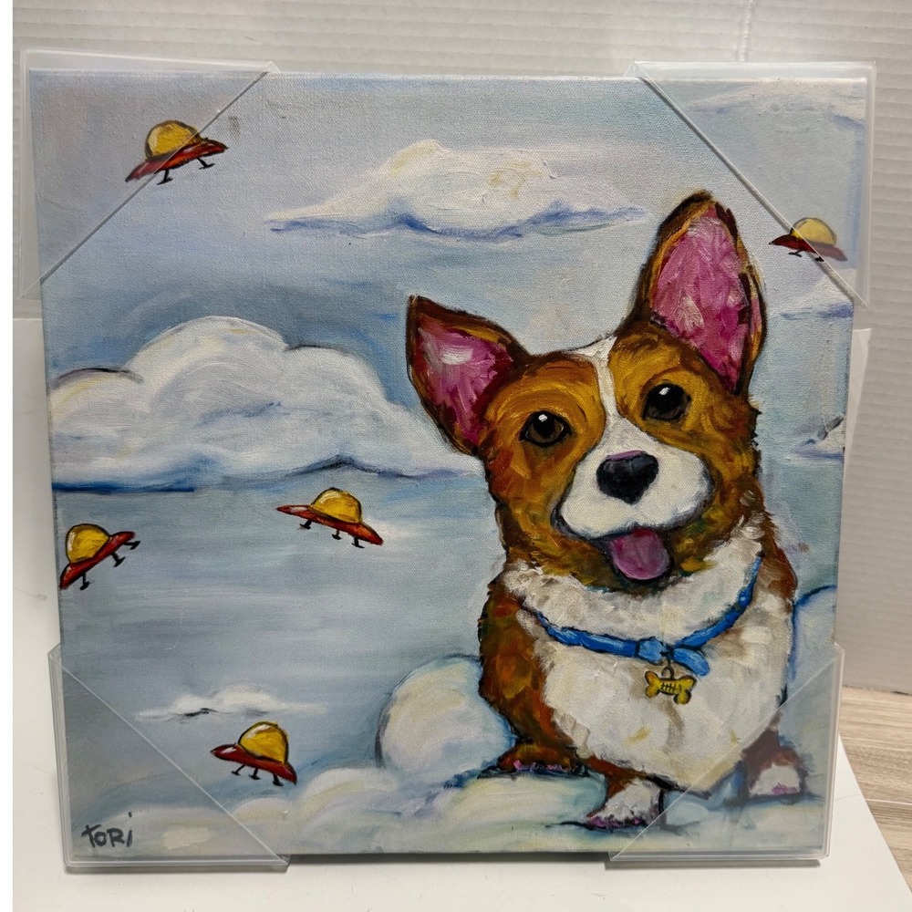 Tori Corgi UFO 12x12 wrapped Canvas‎ Whimsical Print Sci-Fi Dog Art